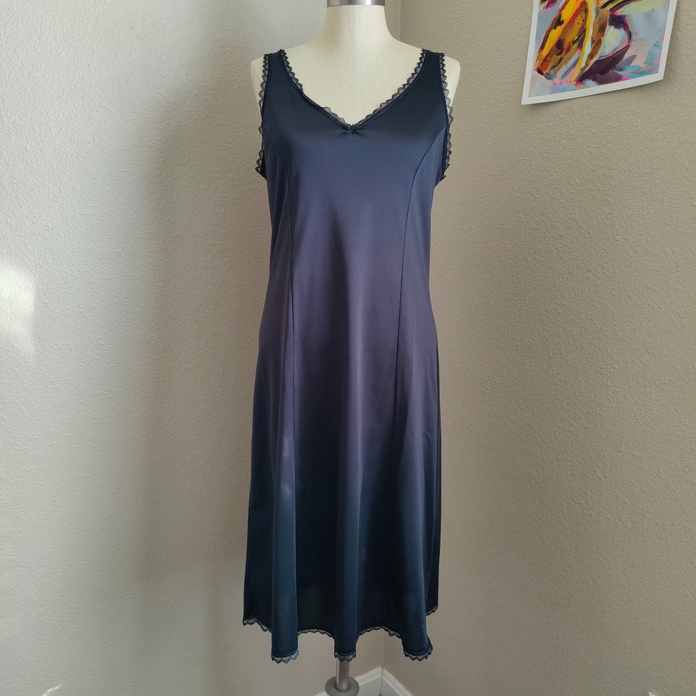 Vintage 80s Black Satin Nylon Slip Dress Lace Trim Bow Midi Lingerie Nightie S/M